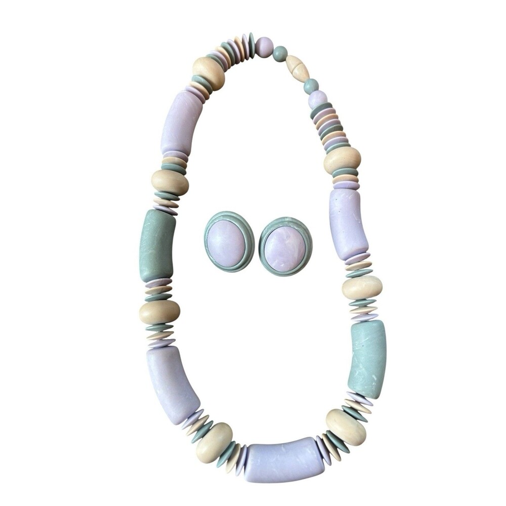 Lot 3 Vintage Beaded Necklaces Pastel Statement Set w Earrings Retro Chic - Picture 11 of 13